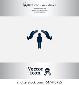 Human life insurance sign icon. Hands protect man symbol.