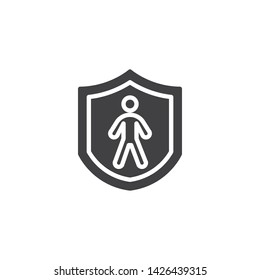Human life insurance vector icon. filled flat sign for mobile concept and web design. Man and safety shield glyph icon. Symbol, logo illustration. Vector graphics