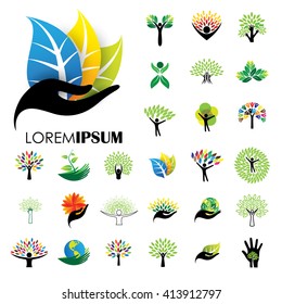 human life logo icons of abstract people tree vectors. this design also represents eco friendly green, embracing, hug, friendly, education, learning, green tech, growth, peace, balance