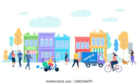 Human Life In Moder City. Summer Time People Activity. Characters Riding Bycicle, Scooter, Van Car, Express Delivery, Walking With Dog, Talking On Urban Background Cartoon Flat Vector Illustration.