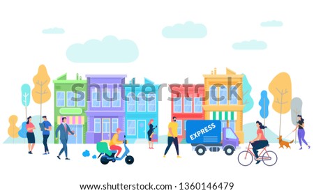 Human Life in Moder City. Summer Time People Activity. Characters Riding Bycicle, Scooter, Van Car, Express Delivery, Walking with Dog, Talking on Urban Background Cartoon Flat Vector Illustration.