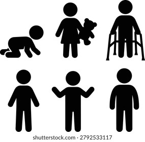 Human Life Stages and Accessibility Icons Vector Set Featuring Baby Child Adult and Senior Symbols