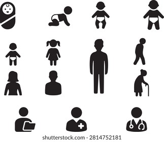 Human life stages icons set. People growth cycle silhouettes from infancy to old age.