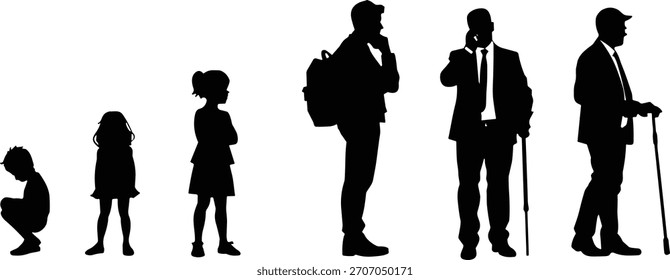 Ilustración vectorial de la silueta de las etapas de la vida humana, línea de tiempo de envejecimiento en blanco y negro, progresión de la infancia a la tercera edad, concepto de estilo de vida mínimo, ilustraciones de desarrollo educativo