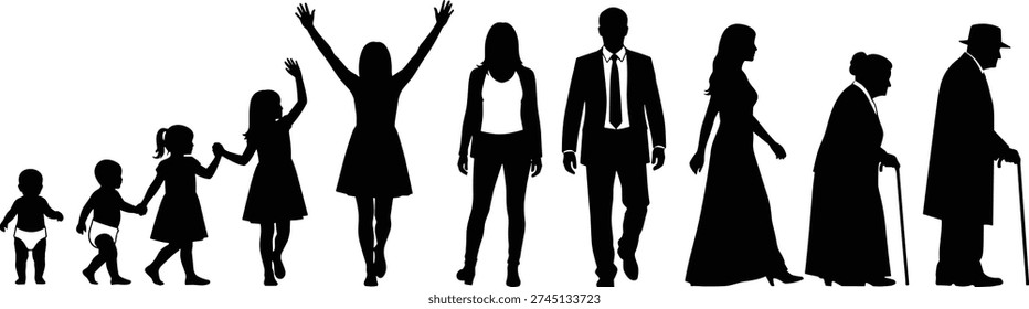 Human life stages silhouettes, vector illustration showing progression from baby to elderly with diverse poses, clothing, and aging representation