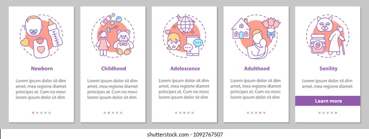 Human lifecycle onboarding mobile app page screen with linear concepts. Newborn, childhood, adolescence, adulthood, senility steps graphic instructions. UX, UI, GUI vector template with illustrations