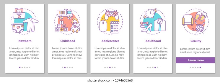 Human lifecycle onboarding mobile app page screen with linear concepts. Newborn, childhood, adolescence, adulthood, senility steps graphic instructions. UX, UI, GUI vector template with illustrations