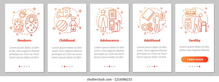 Human lifecycle onboarding mobile app page screen with linear concepts. Newborn, childhood, adolescence, adulthood, senility steps graphic instructions. UX, UI, GUI vector template with illustrations