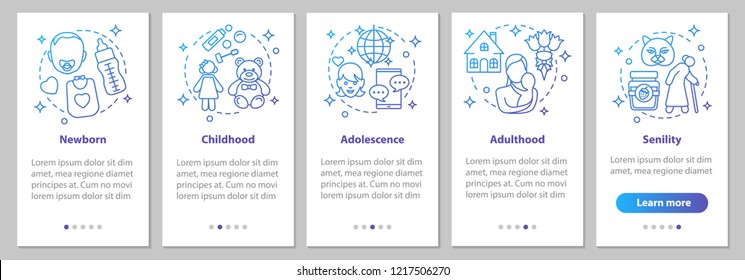 Human lifecycle onboarding mobile app page screen with linear concepts. Newborn, childhood, adolescence, adulthood, senility steps graphic instructions. UX, UI, GUI vector template with illustrations