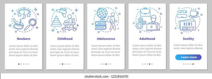 Human lifecycle onboarding mobile app page screen with linear concepts. Newborn, childhood, adolescence, adulthood, senility steps graphic instructions. UX, UI, GUI vector template with illustrations