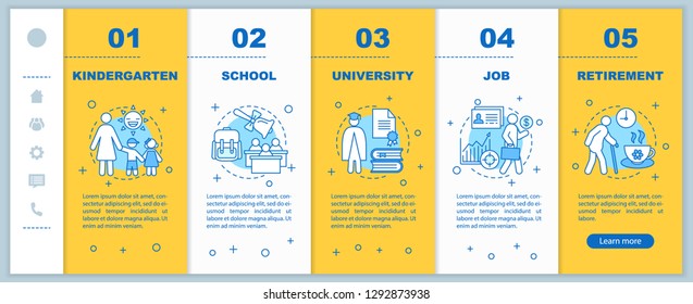 Human lifecycle onboarding mobile app page screen vector template. Kindergarten, school, university, job, retirement, walkthrough steps with linear illustrations. UX, UI, smartphone interface concept