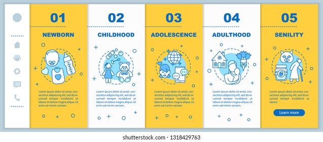 Human lifecycle onboarding mobile web pages vector template. Responsive smartphone  interface idea with linear illustrations. Childhood, adulthood webpage walkthrough step screens. Color concept
