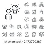 Human with lightbulb sign. Specialist, doctor and job competition outline icons. Business idea line icon. symbol. Group people line sign. Avatar placeholder, spy headshot icon. Strike leader. Vector