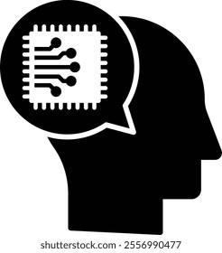 Human Like Reasoning icon. A human head with a chip, representing AI's ability to simulate human cognitive processes. Used in AI reasoning contexts.Black flat syle.