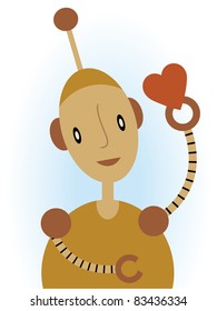 Human like robot admiring heart, sepia shaded innocent robot looking at heart held in claw