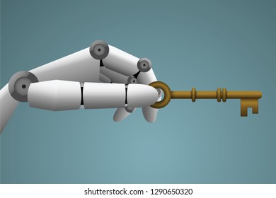 The human like robot hand grab the golden key on blue background.(EPS10 art vector)