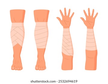 Ligadura de membros humanos. Braços e pernas bandagens médicas, tratamento de emergência para entorses, deslocamento e dano tendinoso conjunto de ilustração de vetor plano. Cartoon lesado partes do corpo bandagens