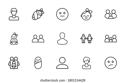 Conjunto de iconos de línea humana. Elementos vectores de trazo para el diseño de moda. Pictogramas simples para concepto móvil y aplicaciones web. Iconos de línea de vectores aislados en un fondo blanco.