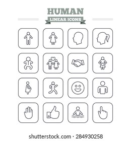 Human linear icons set. Male and female symbols. Infant toddler and pregnant woman. Happy smile face. Success deal handshake. Thin outline signs. Flat square vector