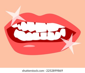 human lips and teeth. clean white teeth with sparkle. dental, care, health concept. vector illustration.
