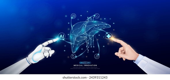 Hígado humano en átomo. Doctor y robot dedo de tocar icono AI símbolo de la cruz. El cuidado de la salud a la inteligencia artificial cyborg o la innovación tecnológica ciencia médica futurista. Banner vector EPS10.