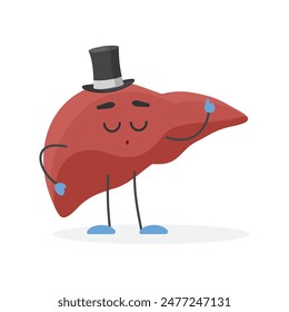 Human liver character wearing gentlemans top hat standing with eyes closed vector illustration