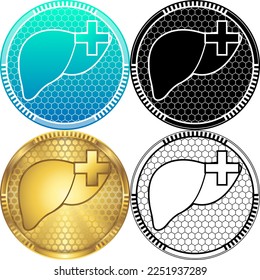 Logotipo médico de garantía de seguridad saludable para el sistema hepático humano digestivo, hipnotizador redondo, silueta blanco-negro, insignia dorada, arte de línea aislado en fondo blanco