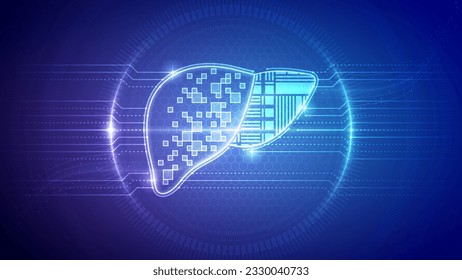 Digestive menschliche Leber, Lebersystem, Blutperfusion, Hämodynamik, zybernetische Futuristische Robotik, durchsichtige Neongläser Medizinischer Hologramm-Hintergrund-Illustration