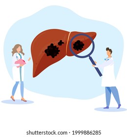 Human liver with disease concept, pathogen disease and tumor in human digestive system, damage internal organ with carcinoma, a doctor holding magnifying glass zoom carcinoma part of Human liver 