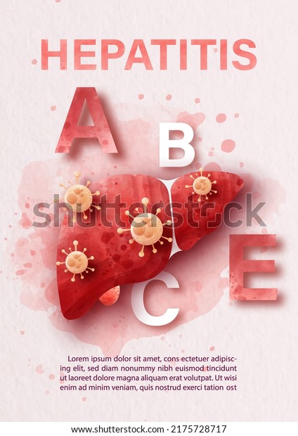 Human liver with English letters in Concept\
of hepatitis A, B, C, D, and world hepatitis day poster\'s campaign\
in watercolors style on pink\
background.