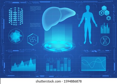 Human Liver Futuristic Medical Hologram Vector Illustration. Liver 3d Model Screening Virtial Reality Interface. Diagrams, Pie Chart Infographics. Vr And Ar Medicine And Healthcare Icons.