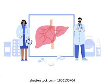 Human Liver For Gastrointestinal Clinic. Doctors Appointment, Consultation, Patient Help. Digestive System Disease And Healthcare Concept. Cirrhosis, Hepatitis, Cancer In Internal Organs Flat Vector.