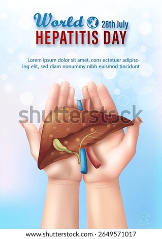 Human liver are hepatitis on a human hands in realistic style on white bokeh and blue background. Poster campaign of world hepatitis day in vector design.