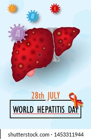 Human liver is a hepatitis with hepatitis virus icon and the days, name of "World Hepatitis Day" campaign isolate on lights blue background. All in vector design.