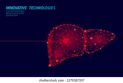 Human liver laser surgery operation low poly. Medicine disease drug treatment painful area. Red triangles polygonal 3D render shape. Pharmacy hepatitis cancer template vector illustration