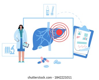 Human Liver Logo For Gastrointestinal Clinic. Doctors Appointment, Consultation And Patient Help. Digestive System Disease, Hepatitis And Cancer In Internal Organs. Medical Flat Vector Illustration.