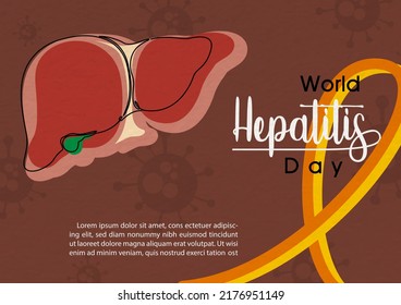 Human liver in one line style with world hepatitis day campaign's wording and example texts on a giant's campaign ribbon and brown background. 