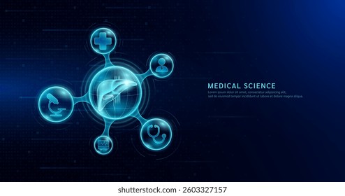 Human liver organ inside transparent molecule with icons doctor pill syringe stethoscope saline bag and cross on dark blue digital technology background. Medical science. Vector EPS10.