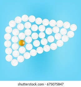 Human Liver With Pills Isolated On A Background Realistic Vector Illustration.
