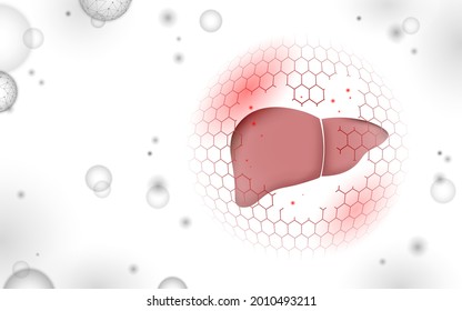 Human liver reconstruction therapy medical concept. Pharmacy drugstore banner cure recover hepatitis health care. Low poly polygonal 3D glowing vector illustration