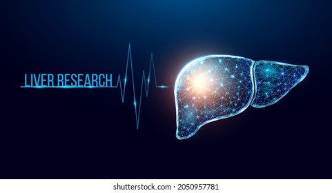Human liver research. Wireframe low poly style. Concept for medical, pharmacology, treatment of the hepatitis. Abstract modern 3d vector illustration on dark blue background. svg