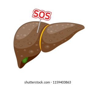 Human liver symbol with SOS sign. Internal organ requires care or medical treatment due to disease or impact of adverse on health. health care concept. Vector illustration isolated on white.