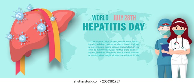 Human liver with symbols of virus, a campaign ribbon, wording of World Hepatitis Day, and doctor in cartoon character on world map and light green background. 