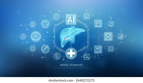 Human liver translucent with medical network icons on blue background. Artificial intelligence (AI) in health care technology. Innovation in digital health smart medical diagnostics. Vector. 