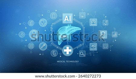 Human liver translucent with medical network icons on blue background. Artificial intelligence (AI) in health care technology. Innovation in digital health smart medical diagnostics. Vector. 