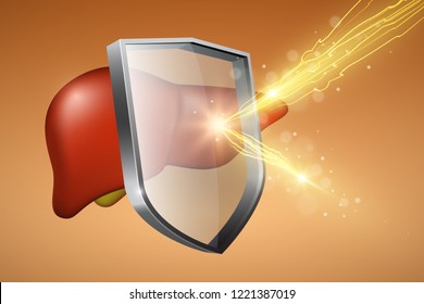 Human liver under protection, glass shield with glowing effect, health protection concept, vector illustration