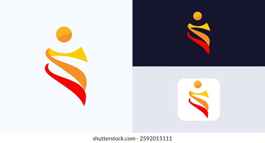 Human logo design, People logo sign, Modern, Elegant, Visually, Combines a stylized human figure with flowing forms and a warm color palette, Conveys of movement, Growth, and positivity illustration