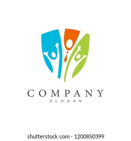 human logo , people's logos are celebrating victory  + association icons with shields and people who raise their hands + shield symbol