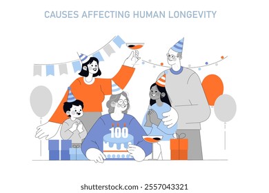 Human Longevity concept. Family celebrating the 100th birthday of a senior, depicting joy and health in aging. Festive party with multi-generational participation. Vector illustration.