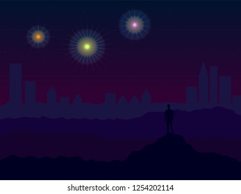 human looking at firework in the city (new year or christmas celebrate) vector design.